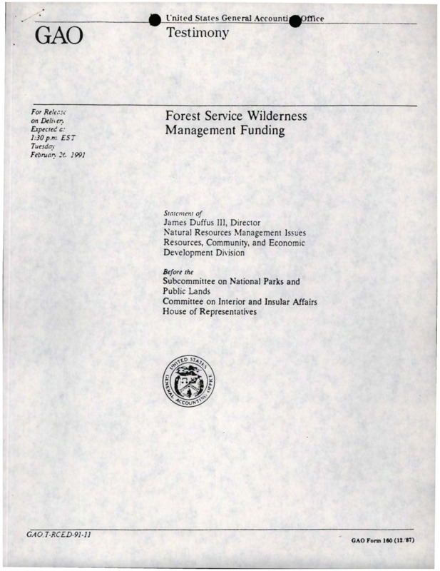 Testimony given by Director James Duffus III, Natural Resources Management Issues Resources, Community, and Economic Development Division before the Subcommittee on National Parks and Public Lands, Committee on Interior and Insular Affairs, House of Representatives.