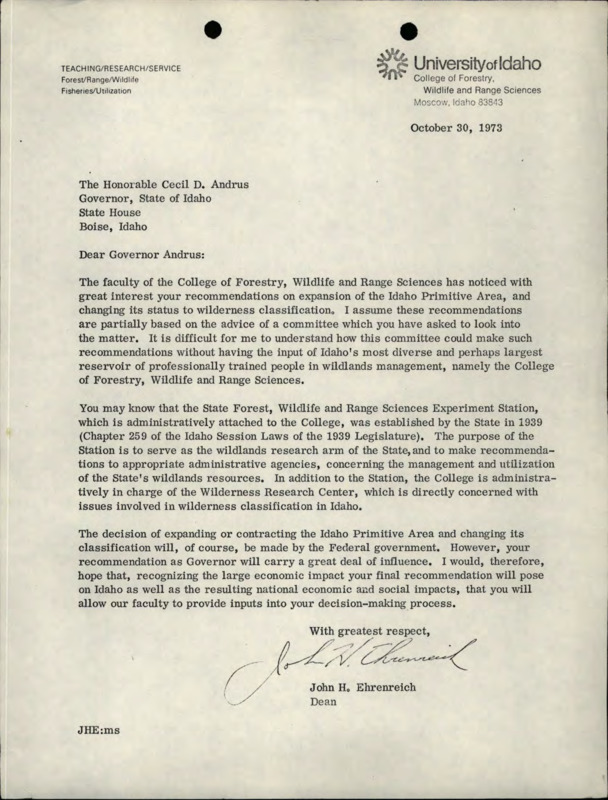 A letter from John H. Ehrenreich to Governor Cecil D. Andrus suggesting he listen to voices from the College of Forestry, Wildlife and Range Sciences about the reclassification of the Idaho Primitive Area.