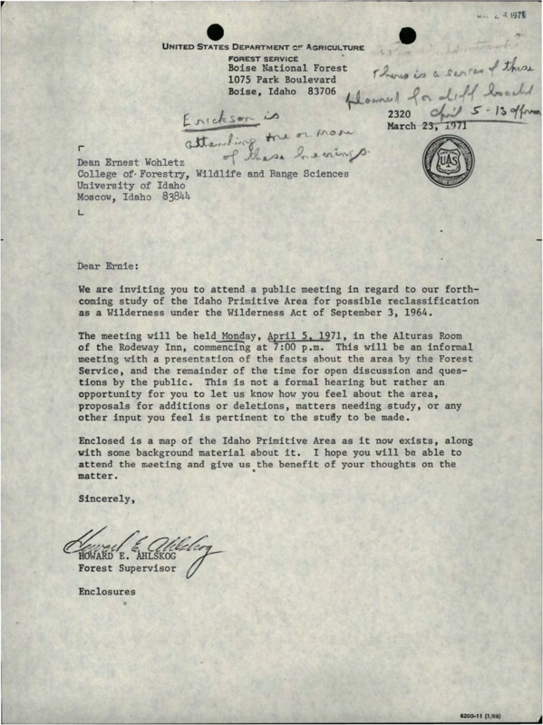 A letter from Howard E. Ahlskog inviting Ernest Wohletz to attend the April 5th public meeting about the reclassification of the Idaho Primitive Area.