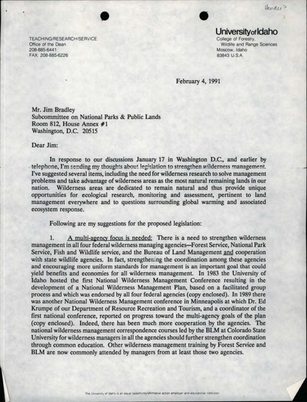 A letter from the Office of the Dean of the College of Forestry, Wildlife, and Range Sciences to Jim Bradley legislation to strengthen wilderness management that was discussed on January 17th in Washington DC.