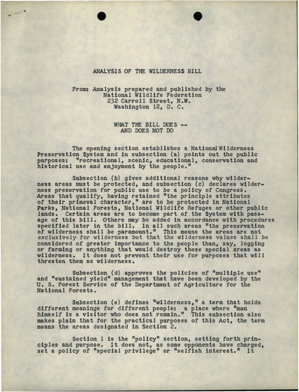 An analysis of the Wilderness Bill prepared by the National Wildlife Federation giving in depth information about each section and subsection.