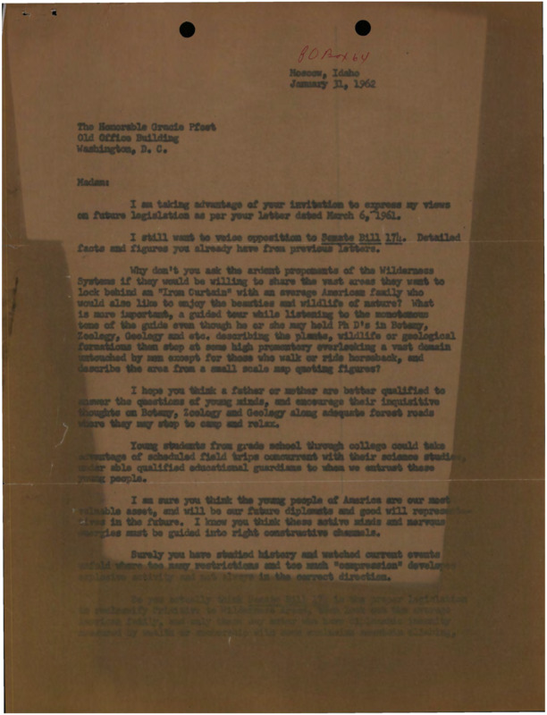 A letter attempting to convince Representative Gracie Pfost to oppose the upcoming Wilderness Bill.