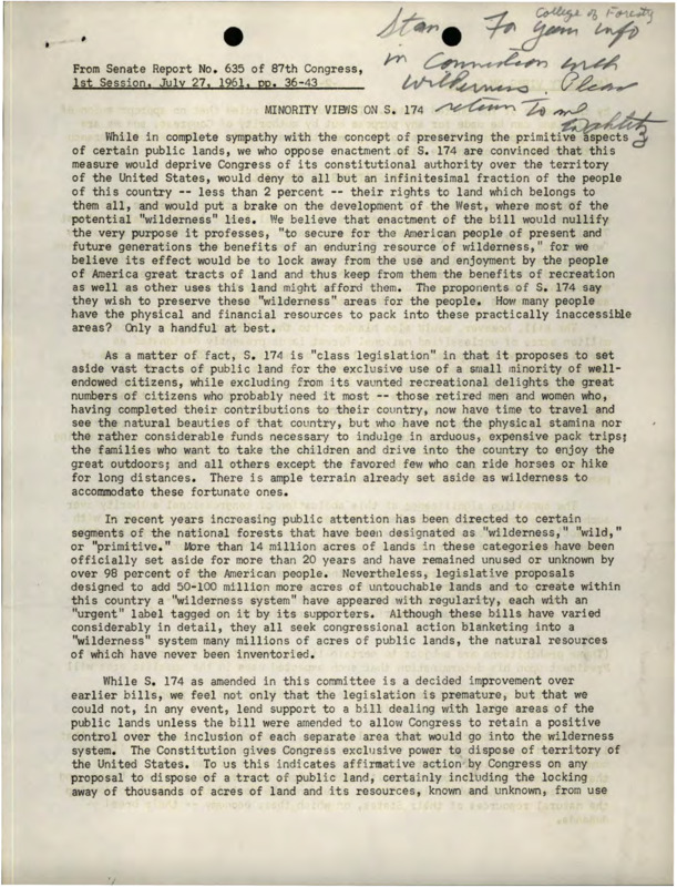 A statement submitted in opposition to the Wilderness Bill by Henry Dworshak, J.J. Hickey, Barry Goldwater, and Gordon Allott followed by a rebuttal given by Senator Ernest Gruening.