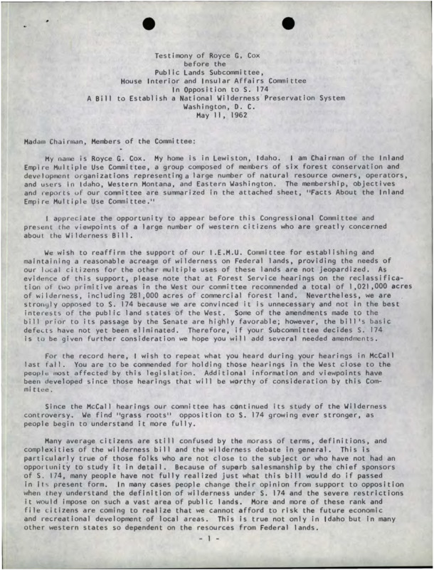 Testimony given by Royce G. Cox before the Public Lands Subcommittee, House of Interior and Insular Affairs Committee, in opposition to the upcoming Wilderness Bill (S. 174).