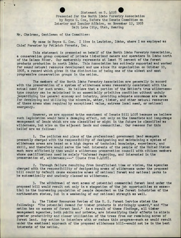 A statement prepared by Royce G. Cox for the North Idaho Forestry Association before the Senate Committee on Interior and Insular Affairs.