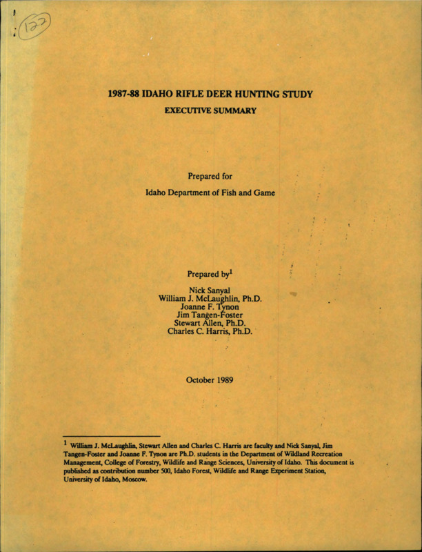 A summary of key findings from a mail questionnaire administered in 1988-89 to general season license holders who purchased a deer tag in 1987.