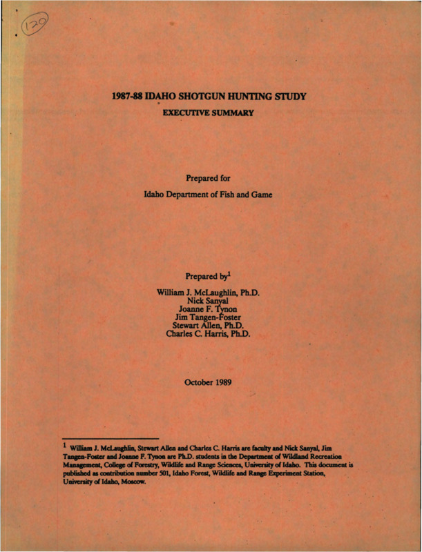 A summary of key findings from a mail questionnaire administered in 1988-89 to general season license holders who did not purchase a deer or elk tag, but did purchase a waterfowl stamp or upland game permit in 1987.