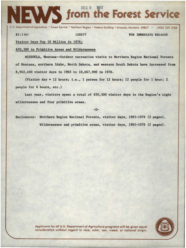 A press release announcing an increase in recreational visits during visitor days from 8,962,400 in 1965 to 10,667,900 in 1976.