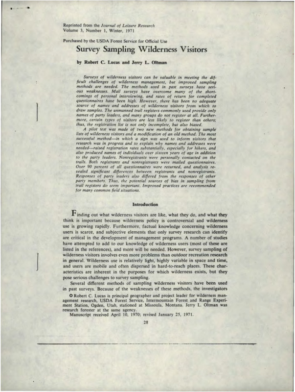 Journal article discussing survey and interview methods to gather information from recreation visitors.