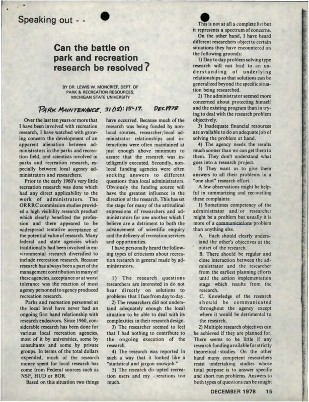 Journal article discussing the growing divide between parks and recreation administrators and parks and recreation research scientists.