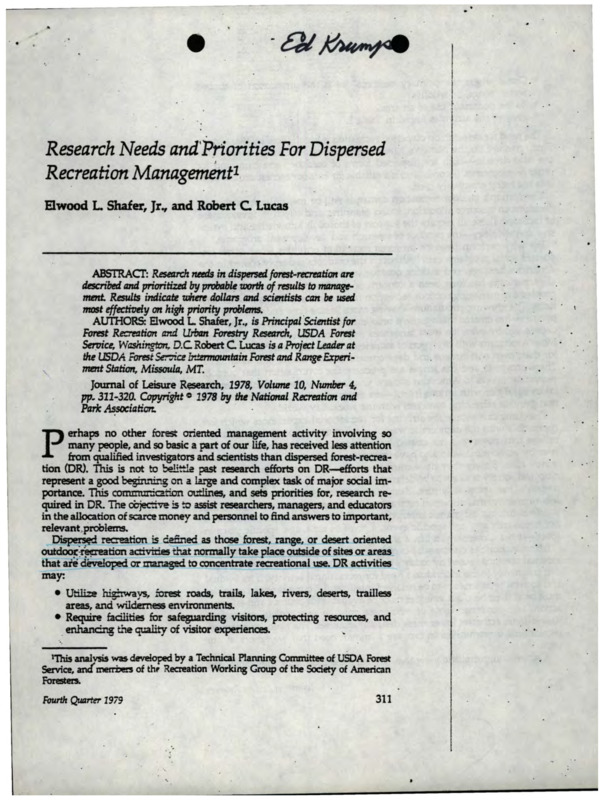 A paper discussing how research needs in dispersed forest-recreation could be prioritized.