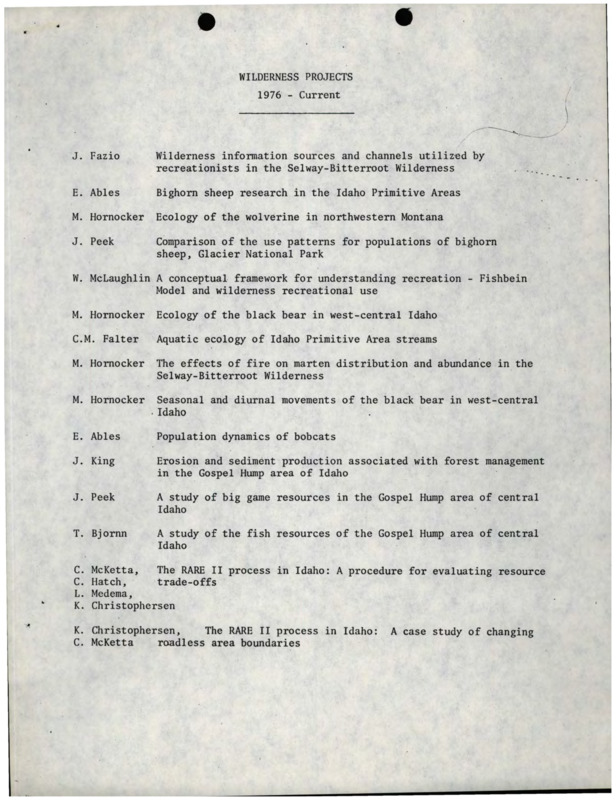 A list of wilderness research projects from 1976 to 1978.