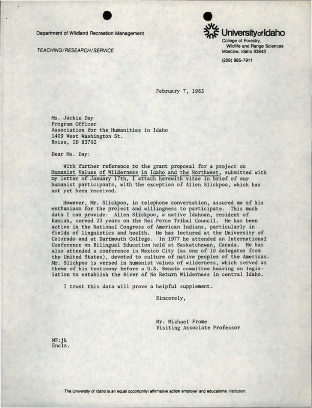 A follow-up letter from Michael Frome to Jackie Day with an update about a conversation with Allen Slickpoo and an attached Vitae.