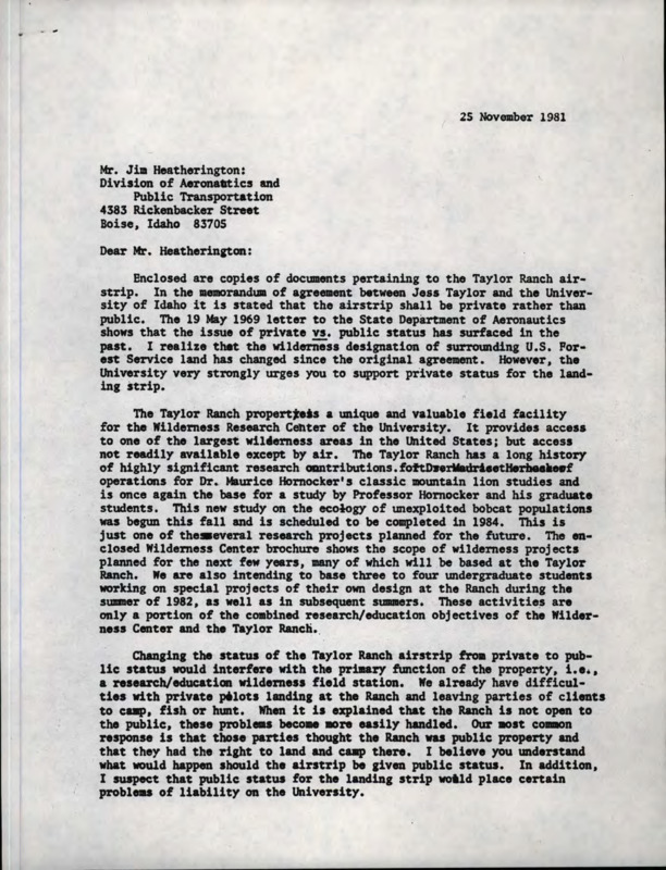 Letter from Ernest Ables to Jim Heatherington requesting support to maintain the Taylor Ranch Airstrip's status as a private strip to help protect Taylor Ranch as a research area.