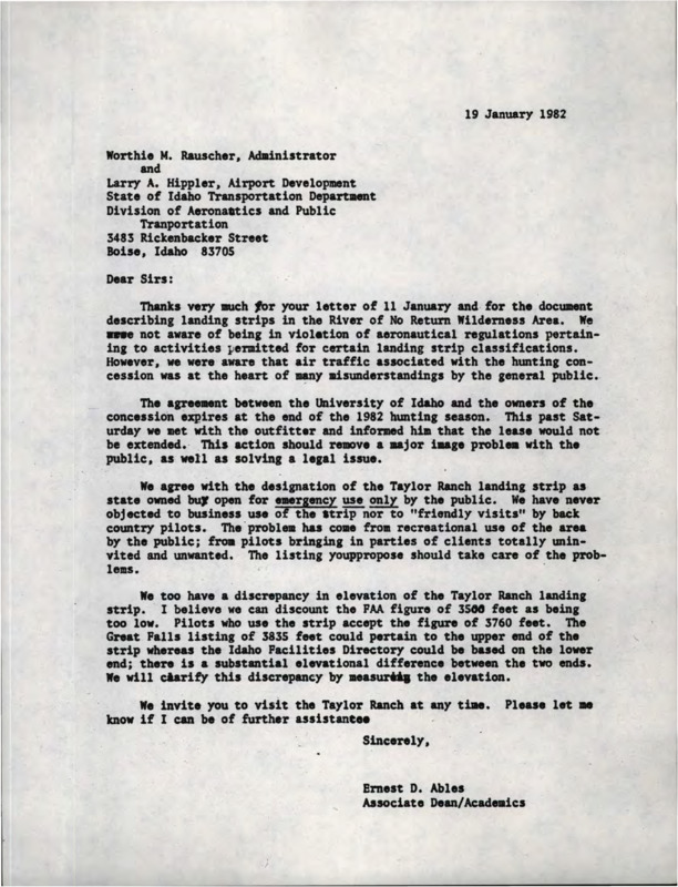 Letter from Ernest Ables to the State of Idaho Transportation Department Division of Aeronautics and Public Transportation over a regulation violation and permissions to use the Taylor Ranch Airstrip.