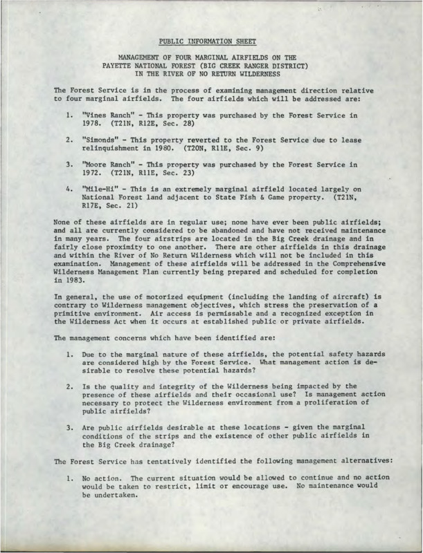 Notice stating the options that the Forest Service has to protect their wilderness management objectives from motorized equipment and a map detailing the locations of the airstrips in question.