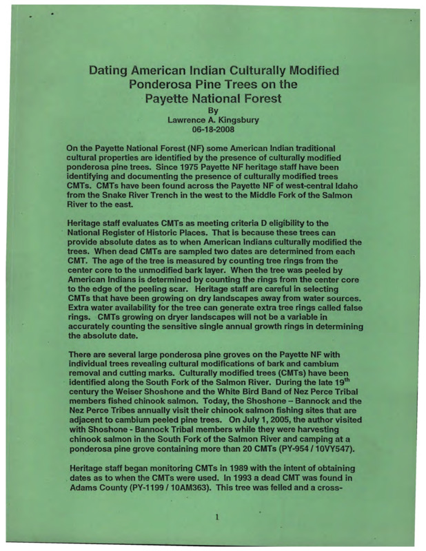 A paper discussing the tracking of Culturally Modified Trees to follow the moments of native americans and a map of the locations.