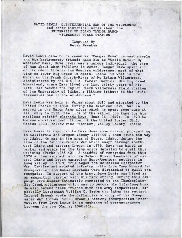 Written by Peter Preston, this document details the life of frontiersman David Lewis (known as "Cougar Dave") and the creation of Taylor Ranch.