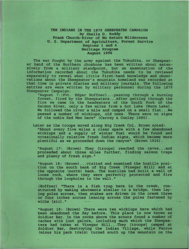 Written by Sheila Reddy, this document provides details about the war fought between the army and the Northern Shoshone through the writings of soldiers that fought in the war.