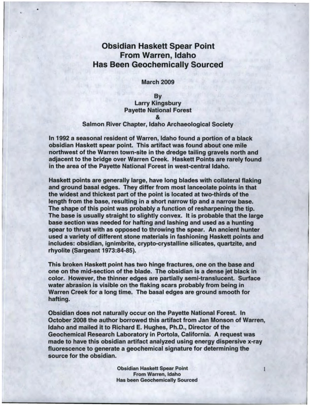 Written by Larry Kingsbury, this document details the finding and geochemical testing of a black obsidian spear point in Warren, Idaho. The document includes the test results and a photo of the object.