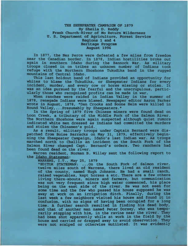 Written by Sheila Reddy, this document details the historical events that caused the 1879 battle between the Northern Shoshone (Sheepeaters) and the Army.