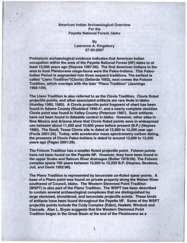 Written by Lawrence Kingbury, this document details the use of projectiles by native americans in Payette National Forest. The history starts from 12,000 back and discusses how the projectiles changed over time.