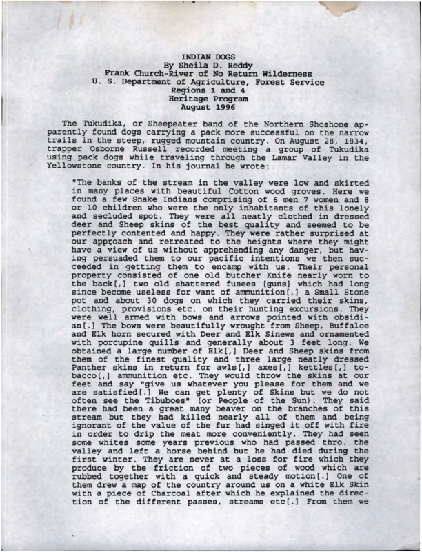 Written by Sheila Reddy, this document details the use of dogs as beasts-of-burden by the Tukudika Native Americans.