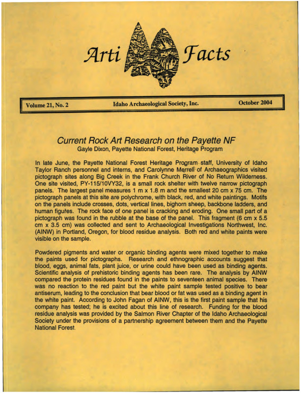 Written by Gayle Dixon, this document contains information about pictographs that were found and studied as part of a research expedition in Big Creek.