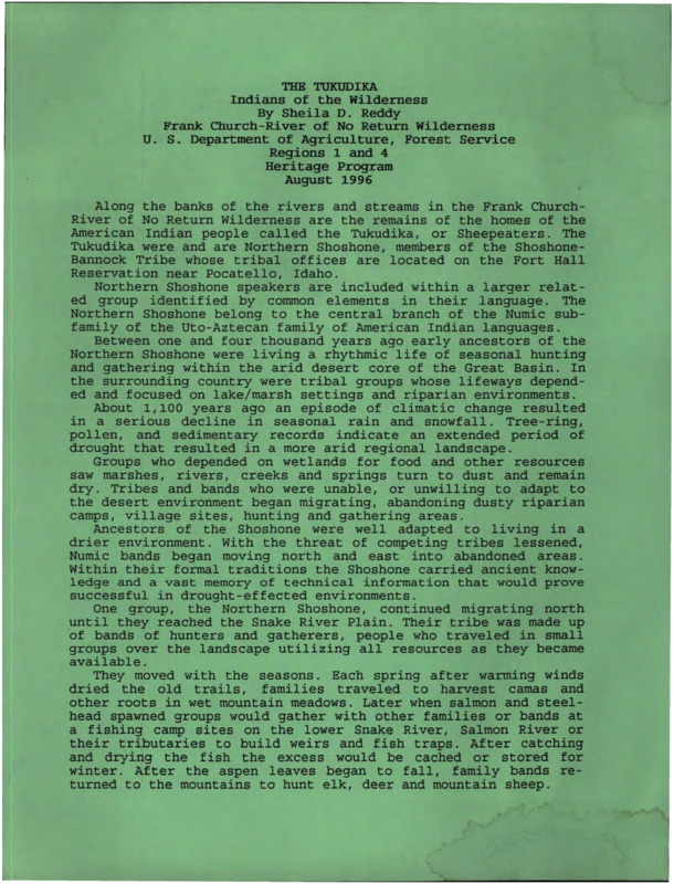 Written by Sheila Reddy, this document contains information about the Tukudika branch of the Northern Shoshone and their migration to the Snake River Plain.