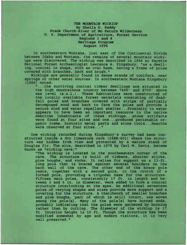 Written by Sheila Reddy, this document defines a Wickiup and describes an example of one that was found in Southwest Montana.