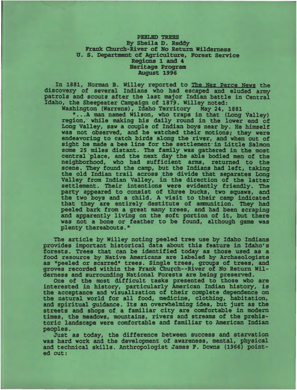 Written by Sheila Reddy, this document contains a story of Native Americans peeling bark off of trees to use as food then gives a history of the practice.