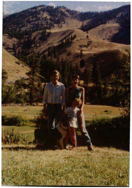 Photos of Jette, Jeff, and Mathias from 1991 and 1994 in the 1990 Taylor Ranch Album. Both photos express best wishes, family is standing in a group with a dog.