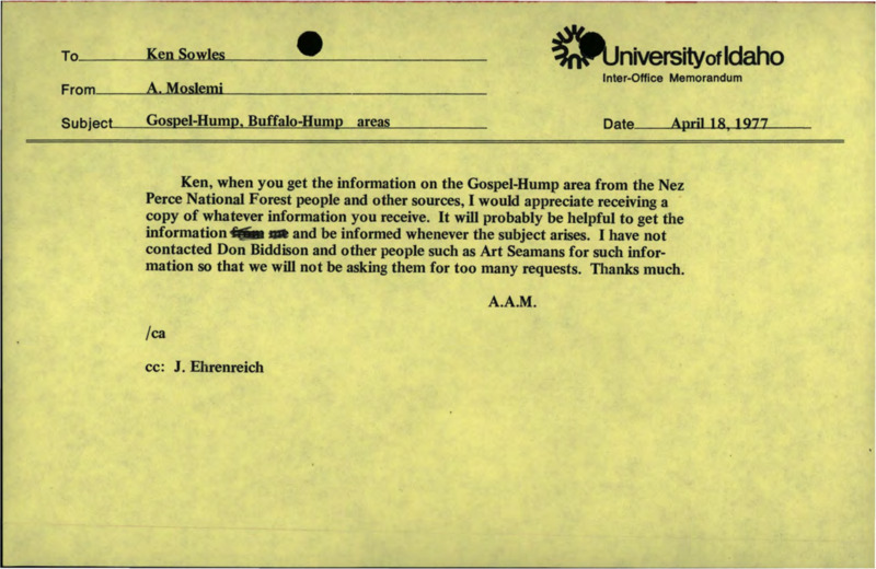 Memorandum seeking information on gospel-hump and buffalo-hump areas from nez-perce national forest