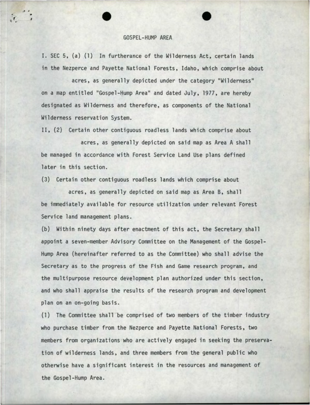 Document outlining the management policy of Gospel-Hump wilderness area under the wilderness act