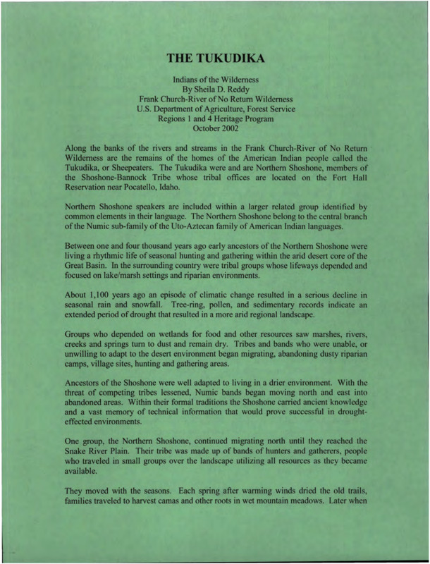 Paper on the history of the Northern Shoshone Tukudika tribe of Native Americans.