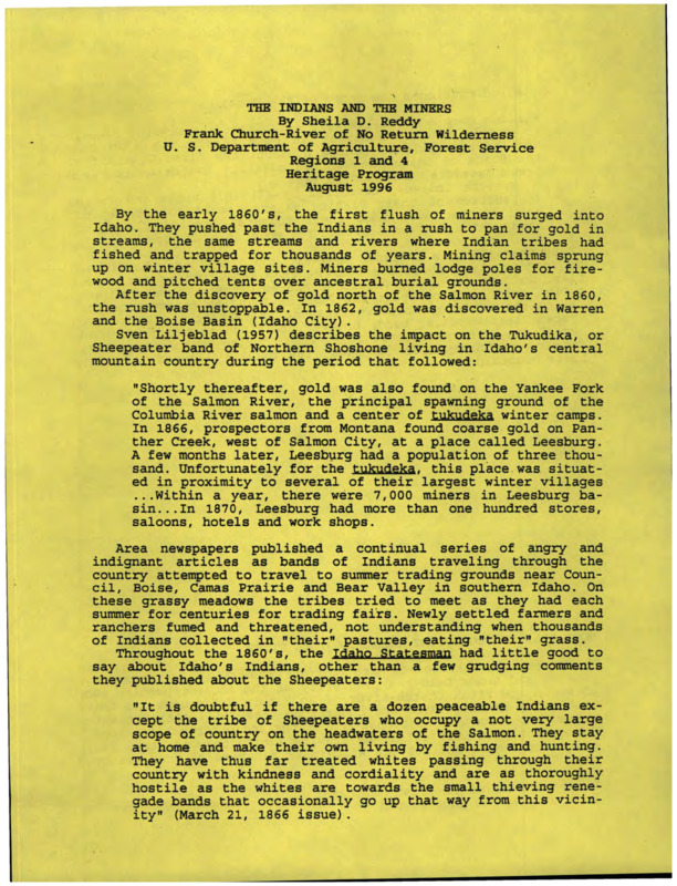 Paper about the relationship and interactions between the Native American tribes and the miners who flocked to Idaho during the late 1800s gold rush.