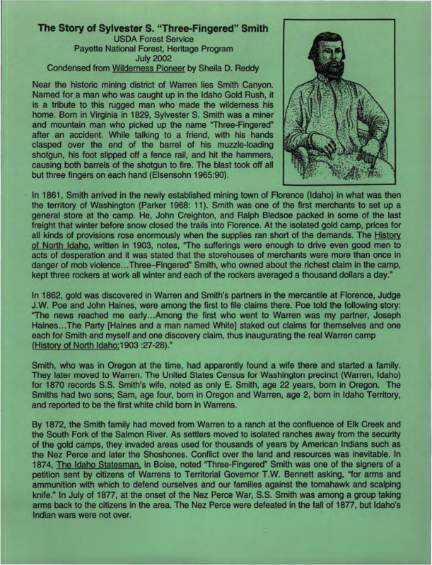 Paper on 19th century miner and rancher, Sylvester "Three-Fingered" Smith, condensed from an earlier paper by the same author titled "Wilderness Pioneer".