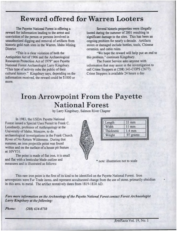 Excerpt from ArtiFacts, a journal by the Idaho Archeological Society, Inc. featuring an article on an iron arrowpoint found in the Payette National Forest, Idaho.