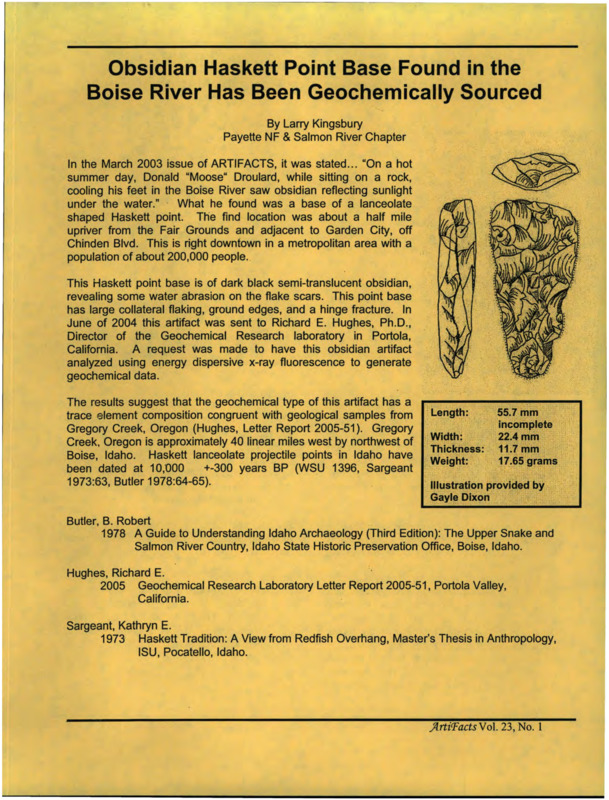 Article on the geochemical source of an obsidian Haskett point found in the Boise River, Idaho.