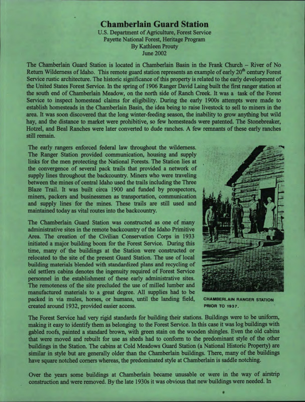 Paper on the Chamberlain Guard Station in the Frank Church - River of No Return Wilderness, Idaho.