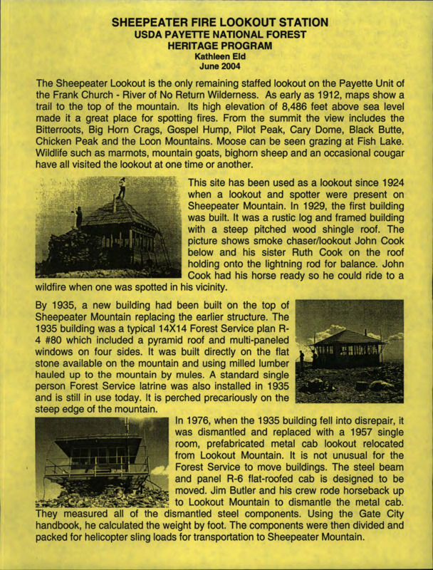 Paper on the Sheepeater Fire Lookout Station in the Frank Church - River of No Return Wilderness, Idaho.