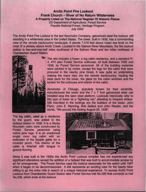 Paper on the Arctic Point Fire Lookout in the Frank Church - River of No Return Wilderness, Idaho.