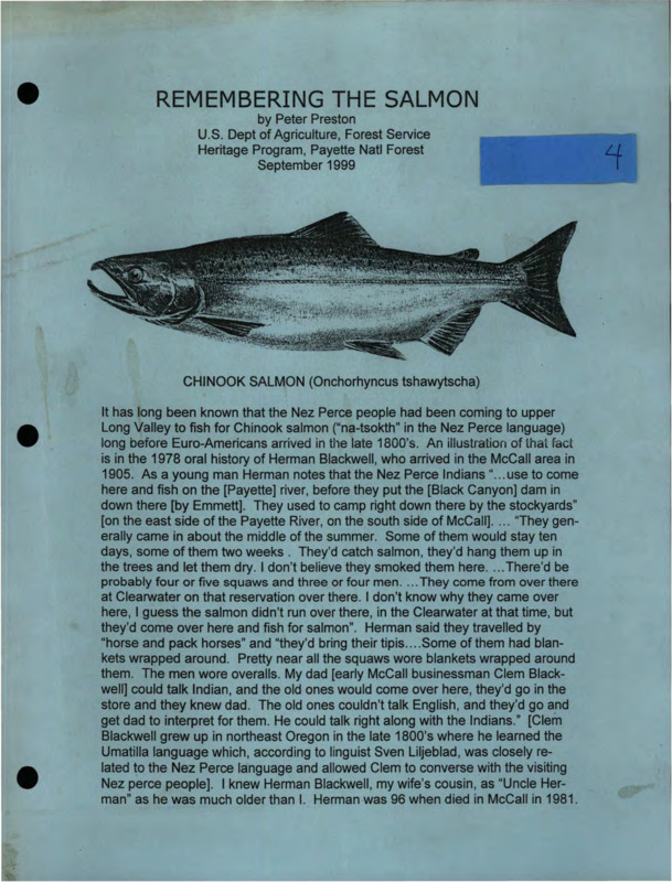 Paper relaying an oral history of salmon disappearing from the Payette National Forest, Idaho.