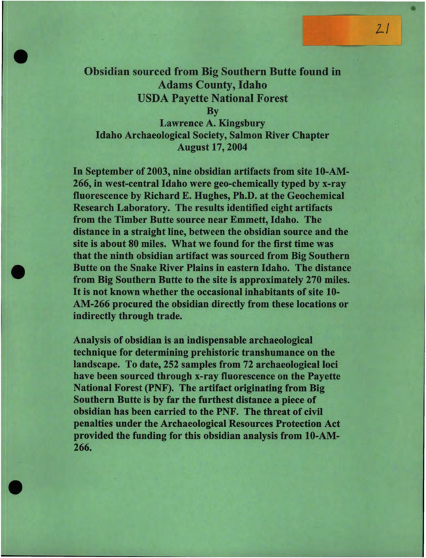 Article reporting source analysis of an obsidian archaeological object found in Adams County, Idaho.