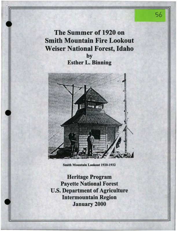 Paper containing an account by Esther Binning about her time at the Smith Mountain Lookout, Idaho, in 1920.