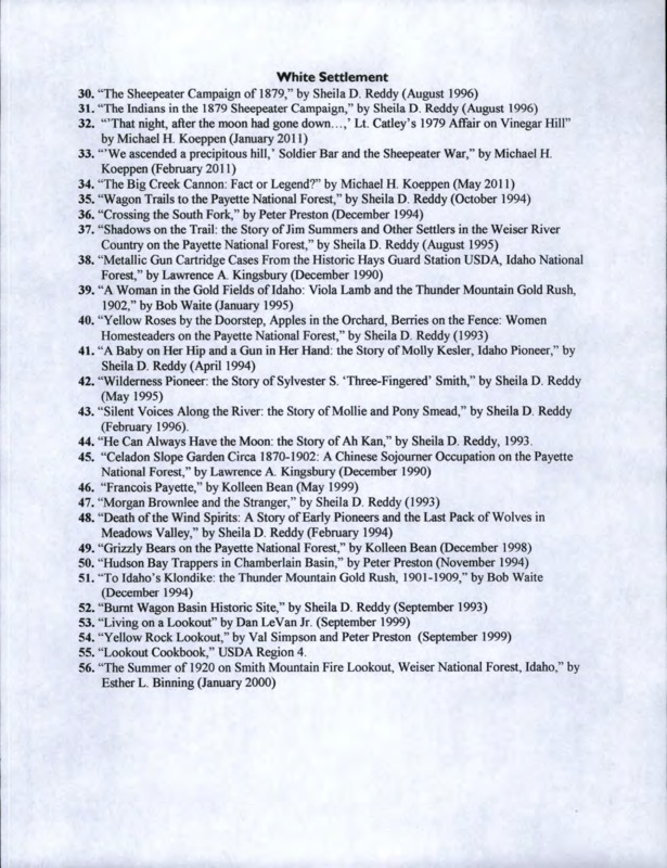 List of papers and articles numbered 30-56 offering resources and information on white settlement.