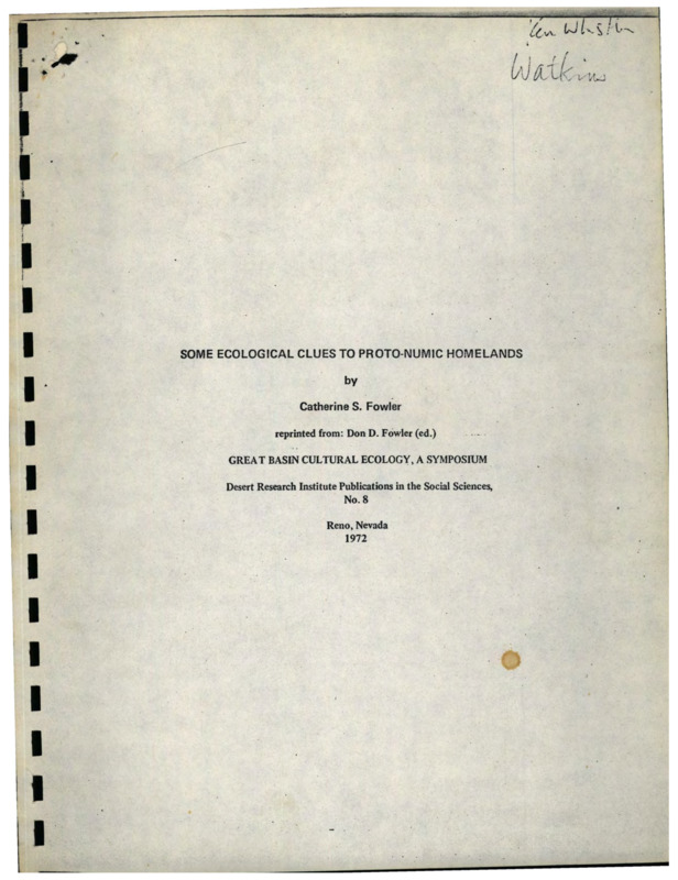 Research Paper on the Numic languages and how their origins can be traced to a "homeland" in southern California.