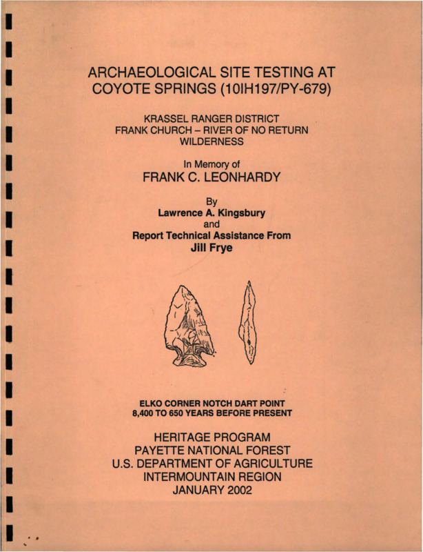 Report on archaeological investigations conducted between 1982 and 1984 at Coyote Springs on the Frank Church - River of No Return Wilderness, Idaho.