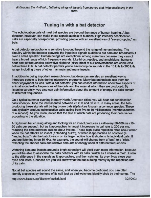 email from Jim Morris to Taylor Ranch plus article from BATS magazine about using a bat detector to pickup high frequency echolocation