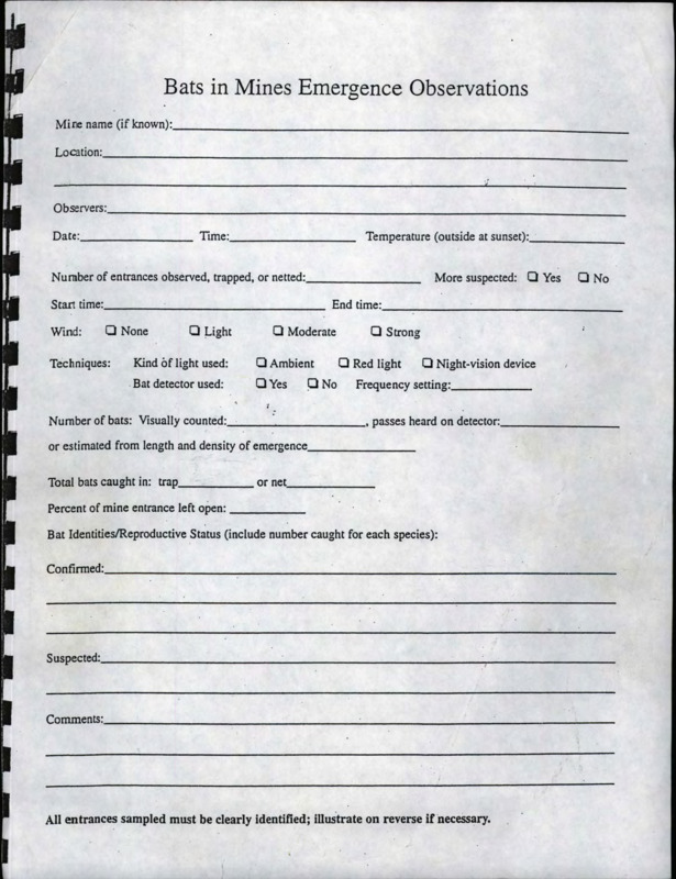 unused bat observation form with attached handwritten note by unknown author